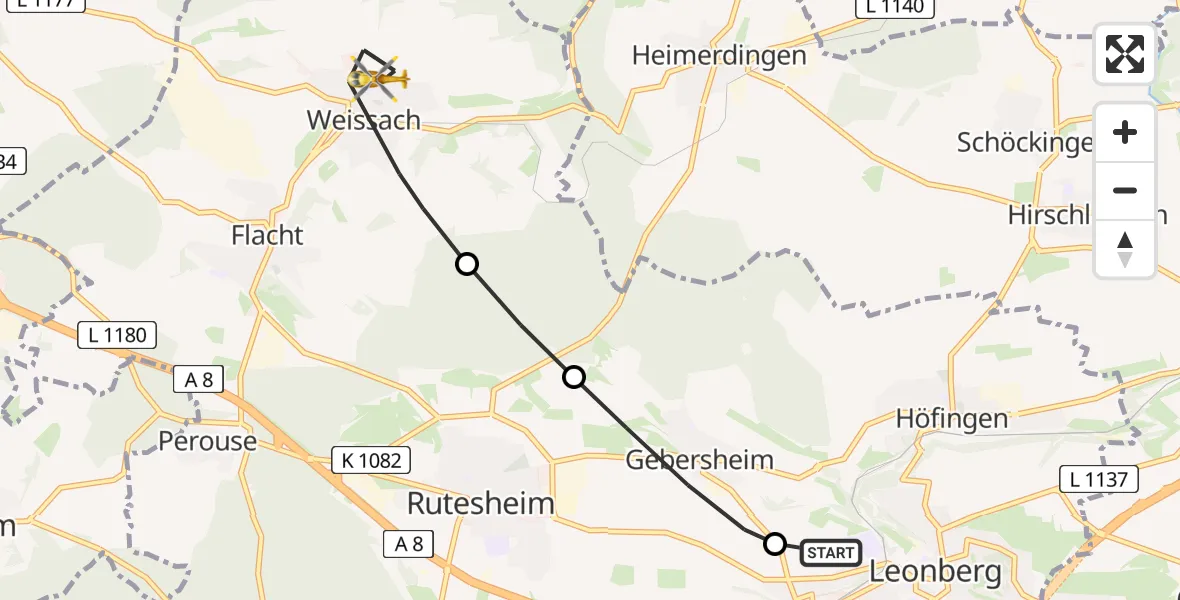 Flugroute Rettungshubschrauber Leonberg Hospital - Weissach, 14 Mai 2026, 06:19