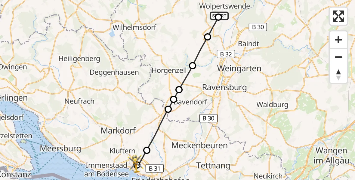 Flugroute Rettungshubschrauber Wolpertswende - Friedrichshafen Hospital, 14 Mai 2026, 06:52