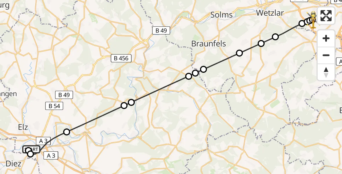 Flugroute Rettungshubschrauber Saint Vincent Hospital Limburg - Gießen-Lützellinden Flugplatz, 14 Mai 2026, 06:54