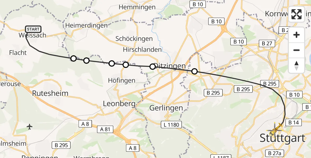 Flugroute Rettungshubschrauber Weissach - Stuttgart, 14 Mai 2026, 06:56