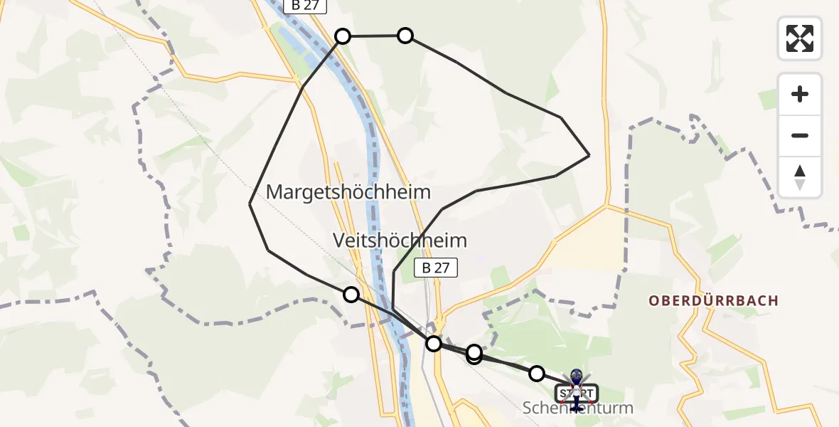 Flugroute Polizeihubschrauber Würzburg-Schenkenturm Flugplatz - Würzburg-Schenkenturm Flugplatz, 14 Mai 2026, 07:01