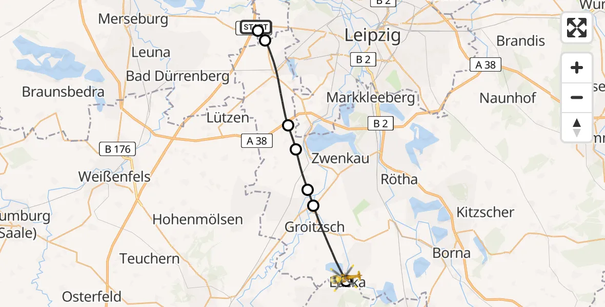 Flugroute Rettungshubschrauber ADAC Air Rescue Station Leipzig/Schkeuditz-Dölzig Hubschrauberlandeplatz (Christoph 61) - Lucka, 14 Mai 2026, 07:01