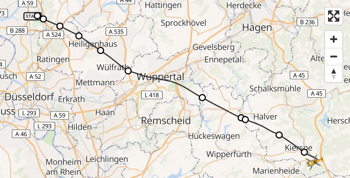 Flugroute Rettungshubschrauber Duisburg Air Rescue Hubschrauberlandeplatz (Christoph 9) - Meinerzhagen, 14 Mai 2026, 07:02