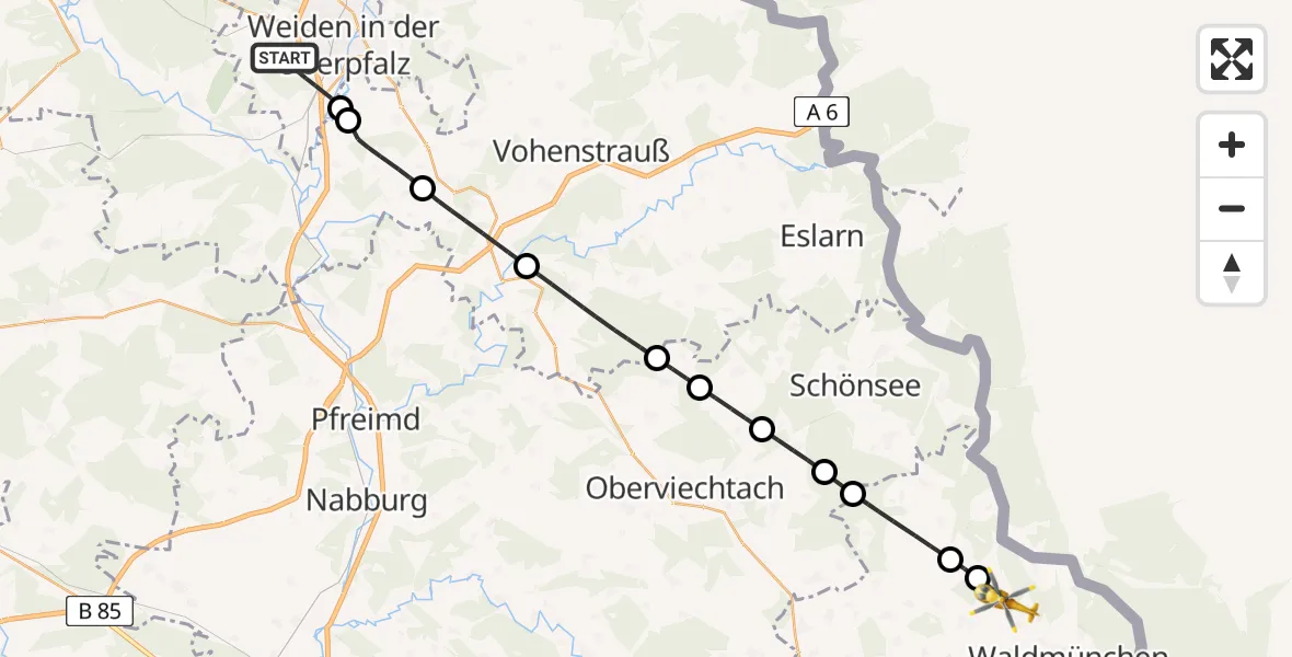 Flugroute Rettungshubschrauber Weiden i.d.OPf. - Waldmünchen, 14 Mai 2026, 07:02