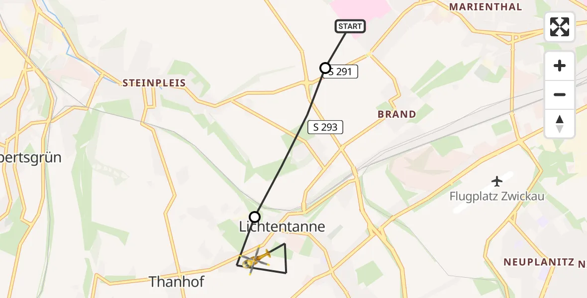 Flugroute Rettungshubschrauber ADAC Air Rescue Station Zwickau Hubschrauberlandeplatz - Lichtentanne, 14 Mai 2026, 07:04