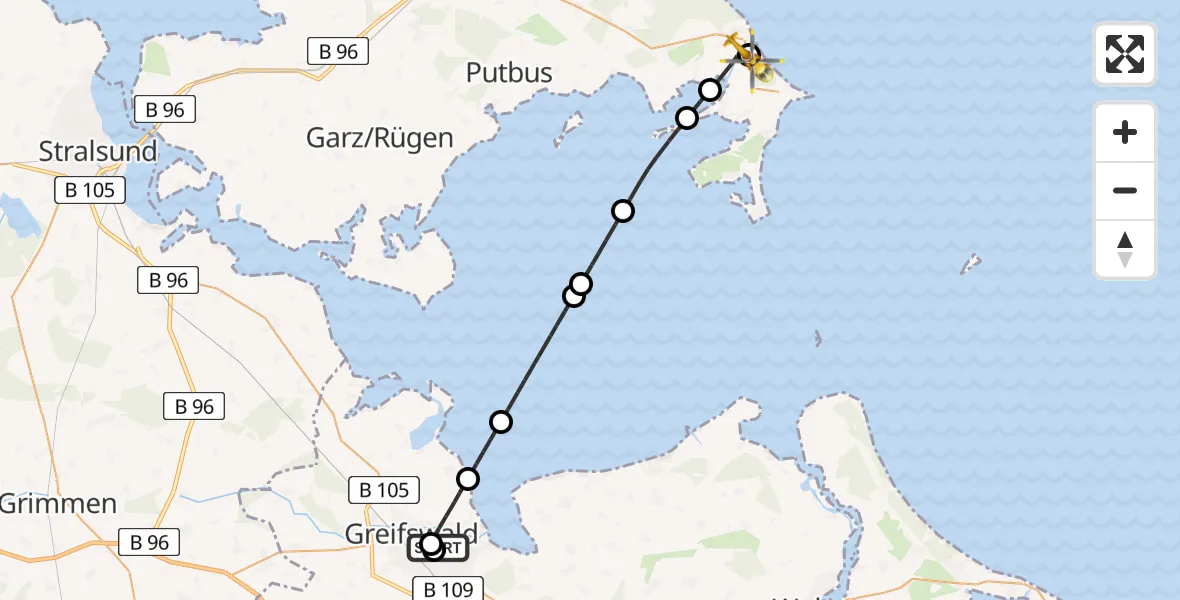 Flugroute Rettungshubschrauber Greifswald Hospital - Baabe, 14 Mai 2026, 07:08
