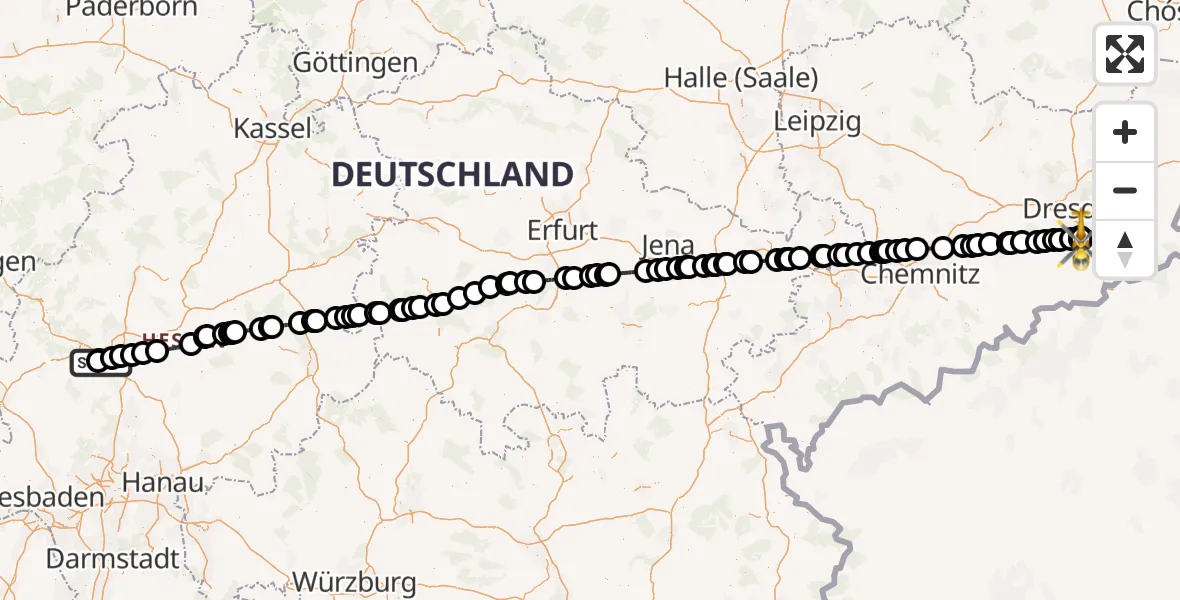 Flugroute Rettungshubschrauber Gießen-Lützellinden Flugplatz - Bavaria Hospital Kreischa, 14 Mai 2026, 07:24