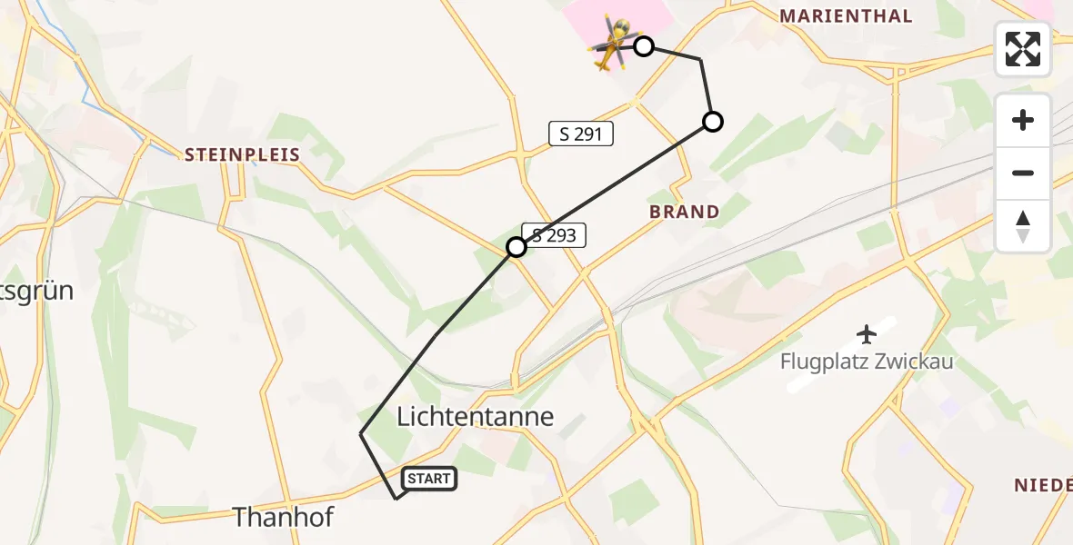 Flugroute Rettungshubschrauber Lichtentanne - ADAC Air Rescue Station Zwickau Hubschrauberlandeplatz, 14 Mai 2026, 07:28