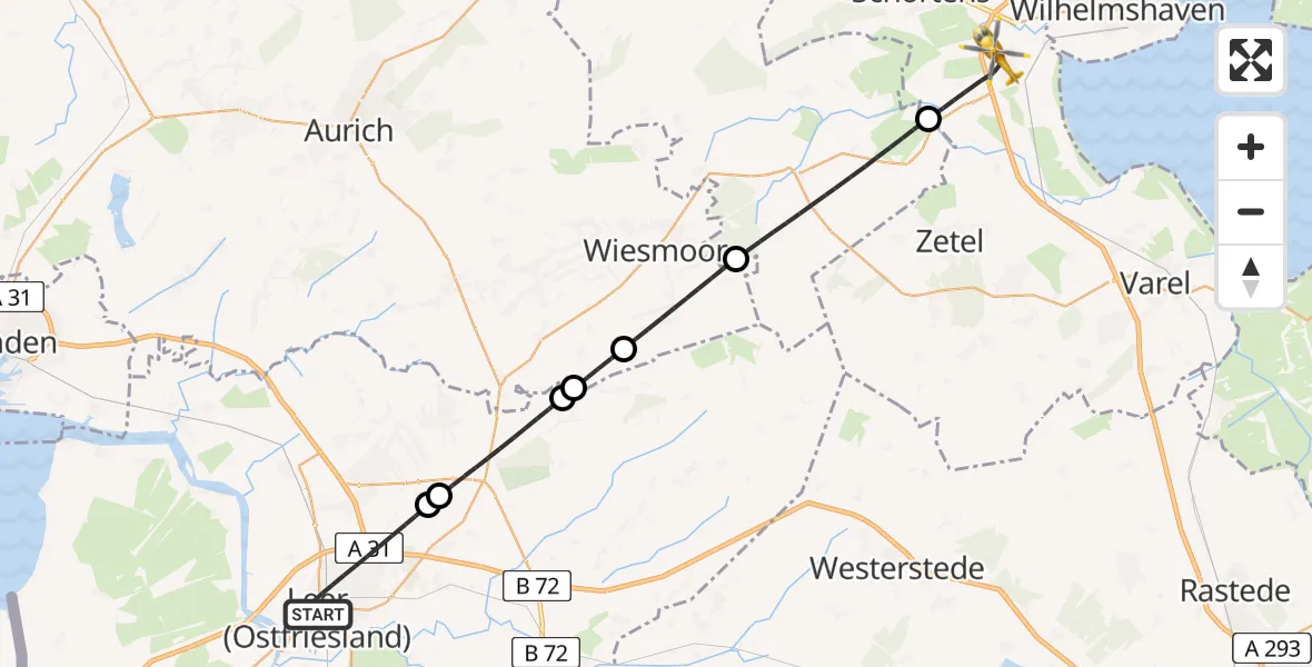 Flugroute Rettungshubschrauber Leer (Ostfriesland) - Sande, 14 Mai 2026, 07:31