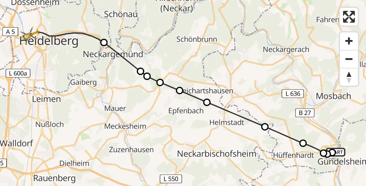 Flugroute Rettungshubschrauber Gundelsheim - Heidelberg, 14 Mai 2026, 07:32