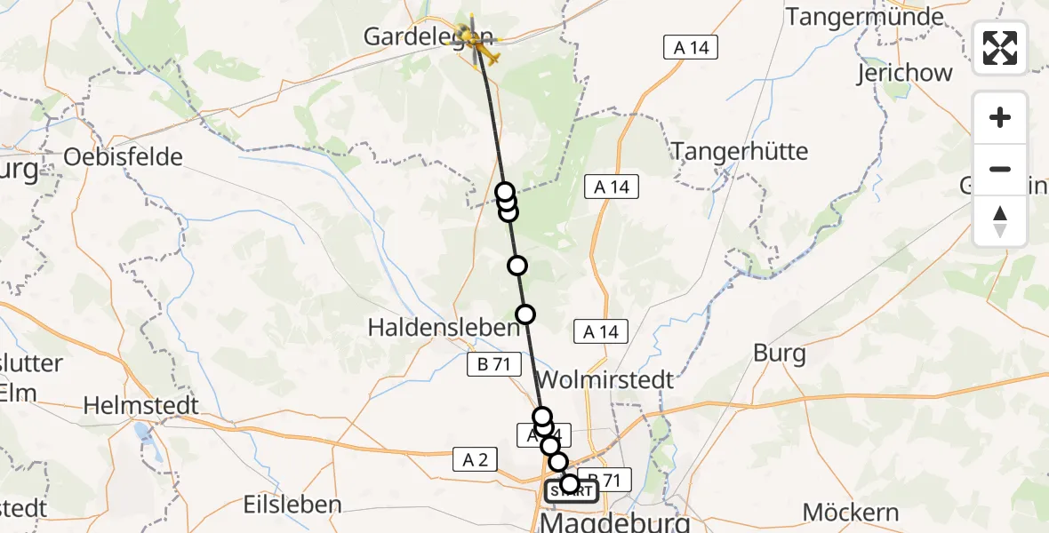 Flugroute Rettungshubschrauber Magdeburg Hospital - Gardelegen, 14 Mai 2026, 07:33