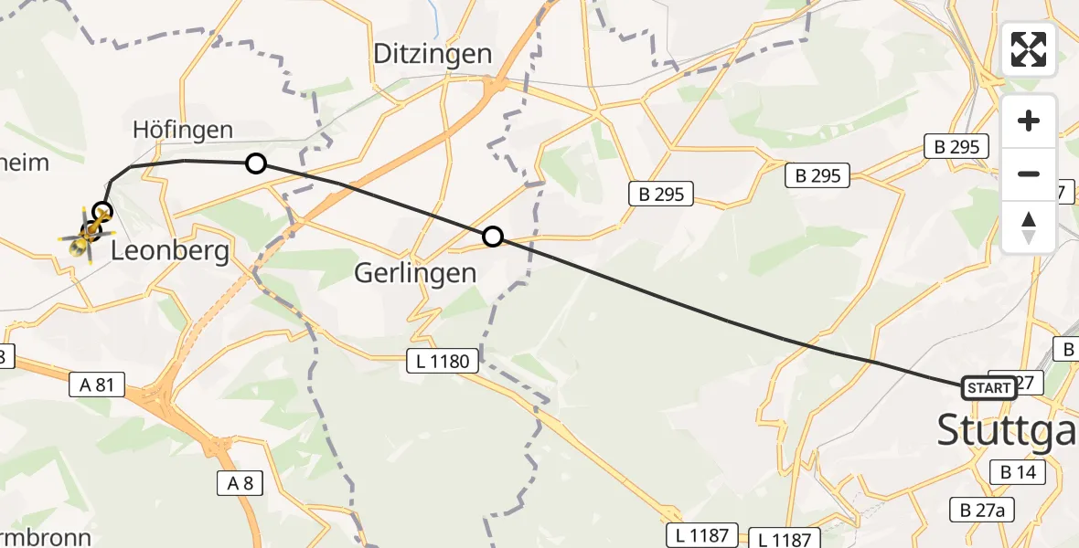 Flugroute Rettungshubschrauber Stuttgart - Leonberg Hospital, 14 Mai 2026, 07:35