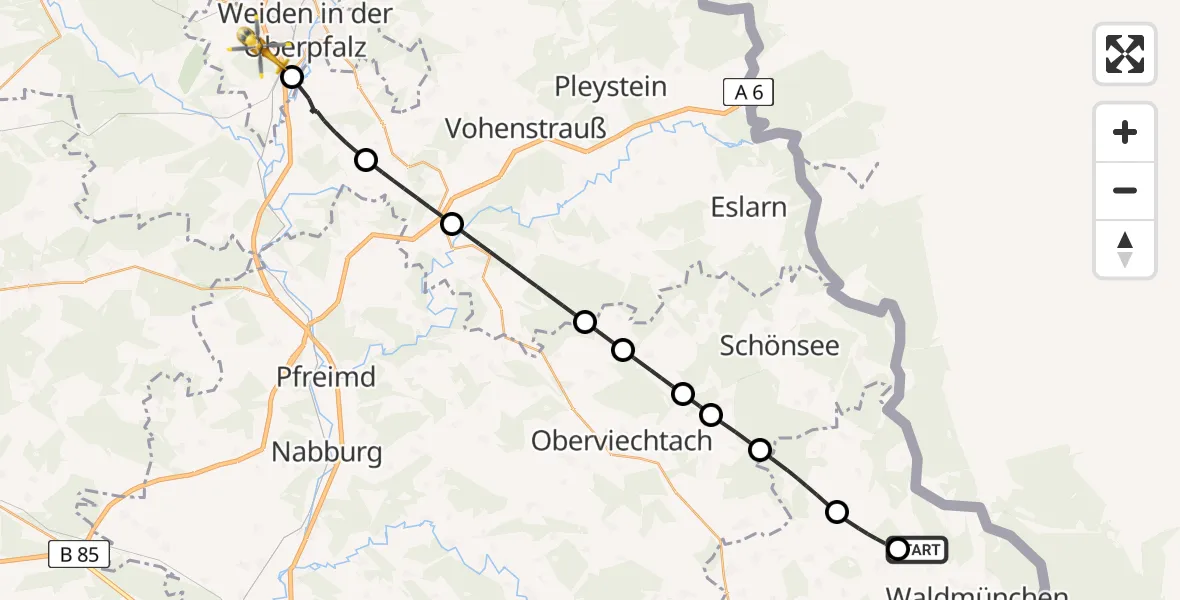Flugroute Rettungshubschrauber Waldmünchen - Weiden i.d.OPf., 14 Mai 2026, 07:40