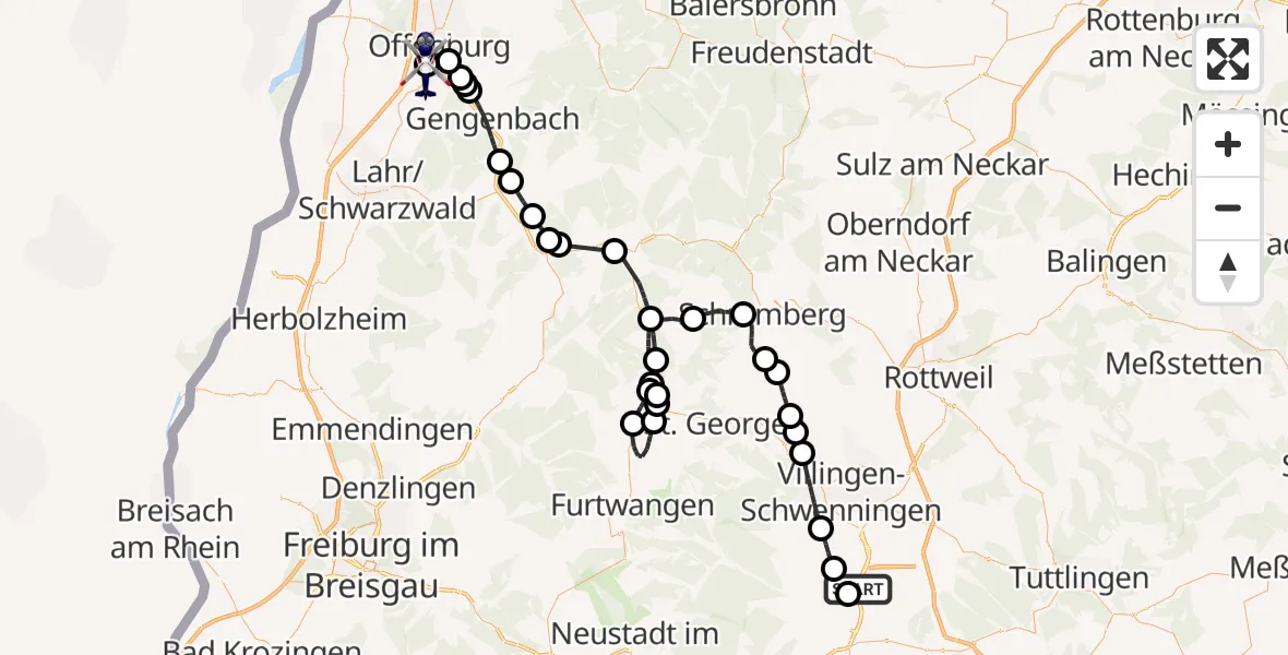 Flugroute Polizeihubschrauber Donaueschingen-Villingen Flugplatz - Offenburg-Baden Flugplatz, 14 Mai 2026, 07:49