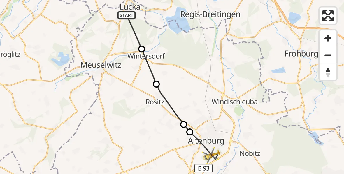 Flugroute Rettungshubschrauber Lucka - Altenburg, 14 Mai 2026, 07:50