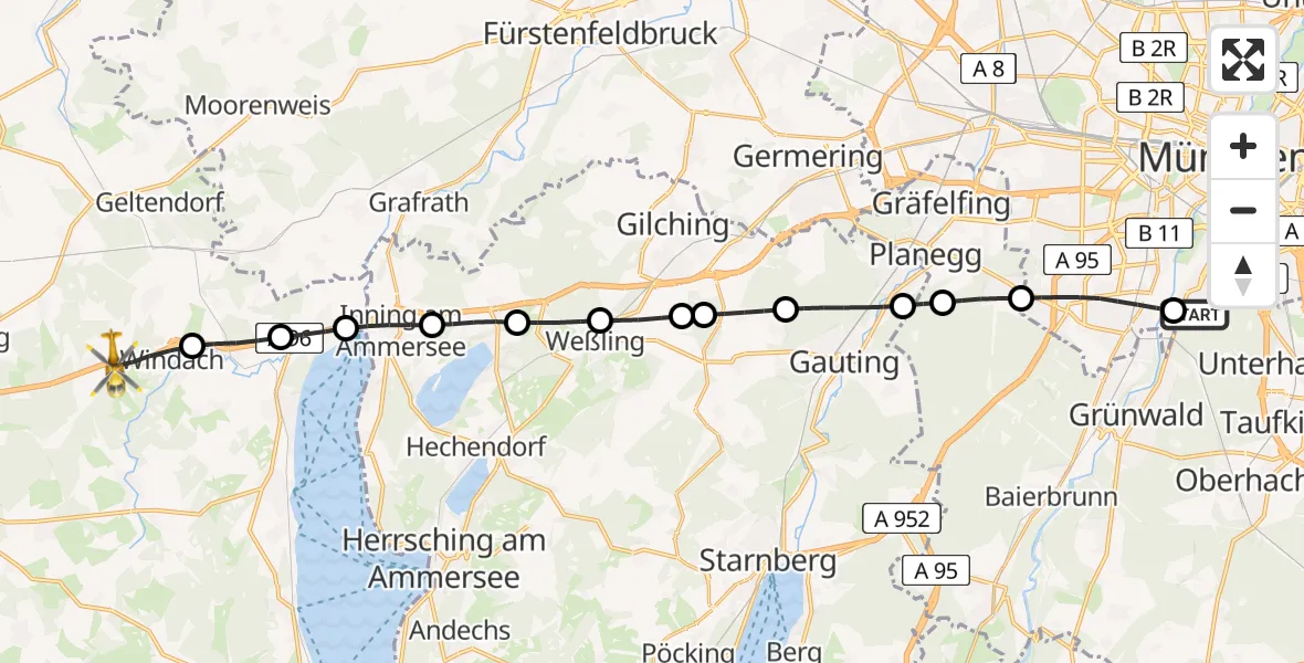Flugroute Rettungshubschrauber ADAC Air Rescue Center Hubschrauberlandeplatz (Christoph 1) - Windach, 14 Mai 2026, 07:55