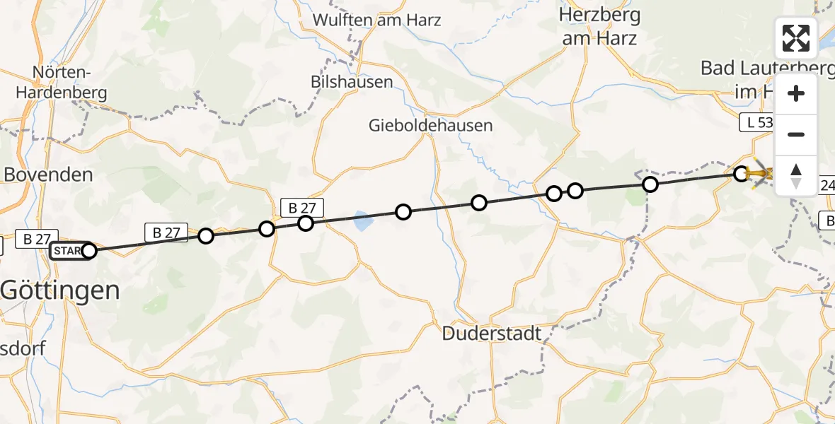 Flugroute Rettungshubschrauber Göttingen University Clinic Hubschrauberlandeplatz - Bad Lauterberg im Harz, 14 Mai 2026, 08:09