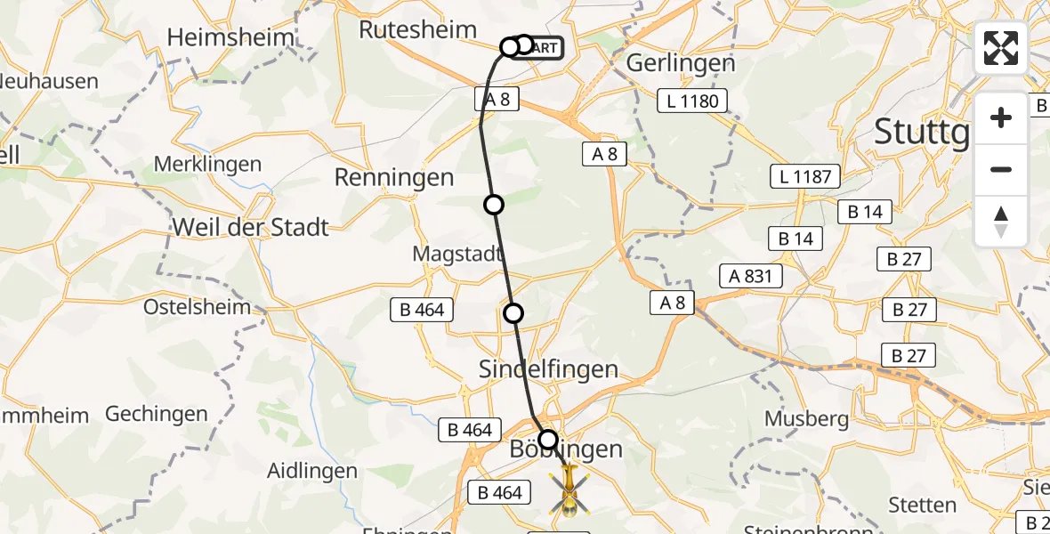Flugroute Rettungshubschrauber Leonberg Hospital - Böblingen, 14 Mai 2026, 08:12