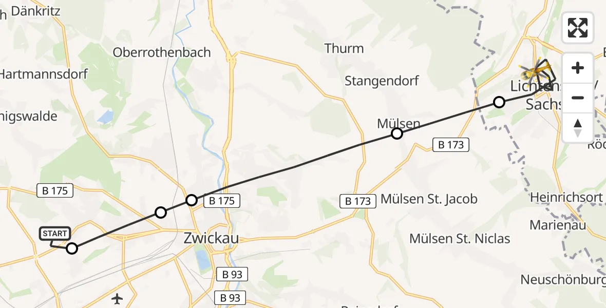 Flugroute Rettungshubschrauber ADAC Air Rescue Station Zwickau Hubschrauberlandeplatz - Lichtenstein/Sa., 14 Mai 2026, 08:20