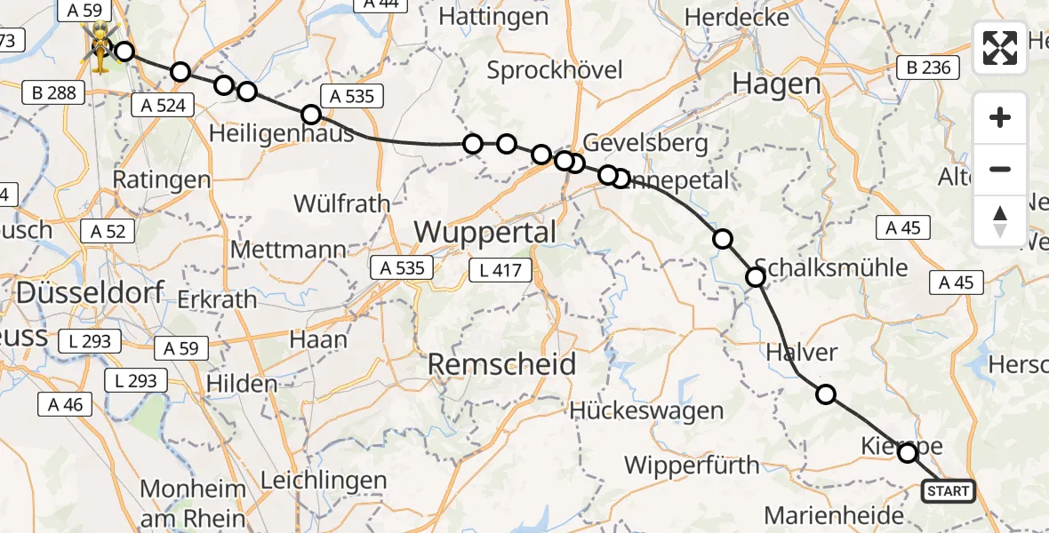 Flugroute Rettungshubschrauber Meinerzhagen - Duisburg Air Rescue Hubschrauberlandeplatz (Christoph 9), 14 Mai 2026, 08:20
