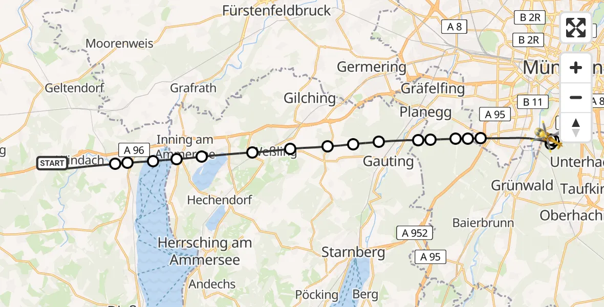 Flugroute Rettungshubschrauber Windach - ADAC Air Rescue Center Hubschrauberlandeplatz (Christoph 1), 14 Mai 2026, 08:27