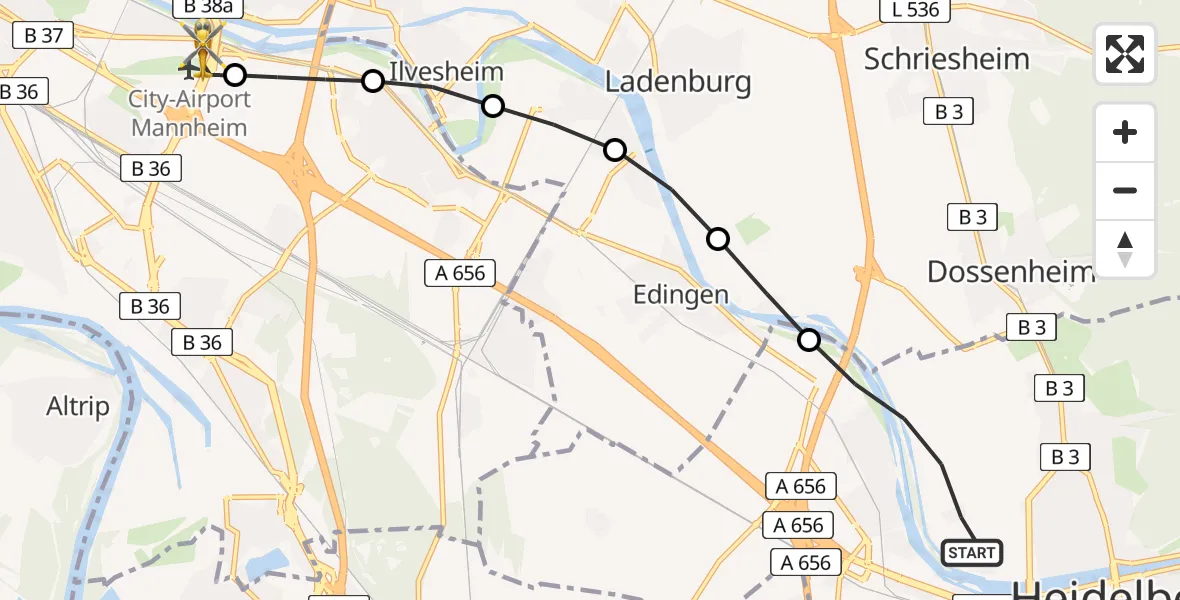 Flugroute Rettungshubschrauber Heidelberg - Mannheim-City Flughafen, 14 Mai 2026, 08:27