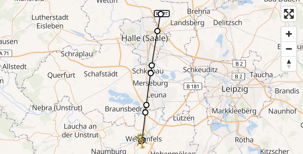 Flugroute Rettungshubschrauber Halle-Oppin Flugplatz - Asklepios Clinic Weißenfels, 14 Mai 2026, 08:31