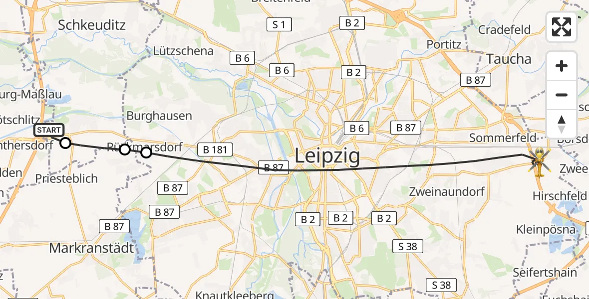 Flugroute Rettungshubschrauber ADAC Air Rescue Station Leipzig/Schkeuditz-Dölzig Hubschrauberlandeplatz (Christoph 61) - Leipzig, 14 Mai 2026, 08:35
