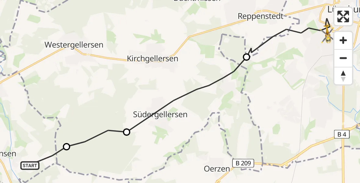 Flugroute Rettungshubschrauber Salzhausen - Lüneburg, 14 Mai 2026, 08:37