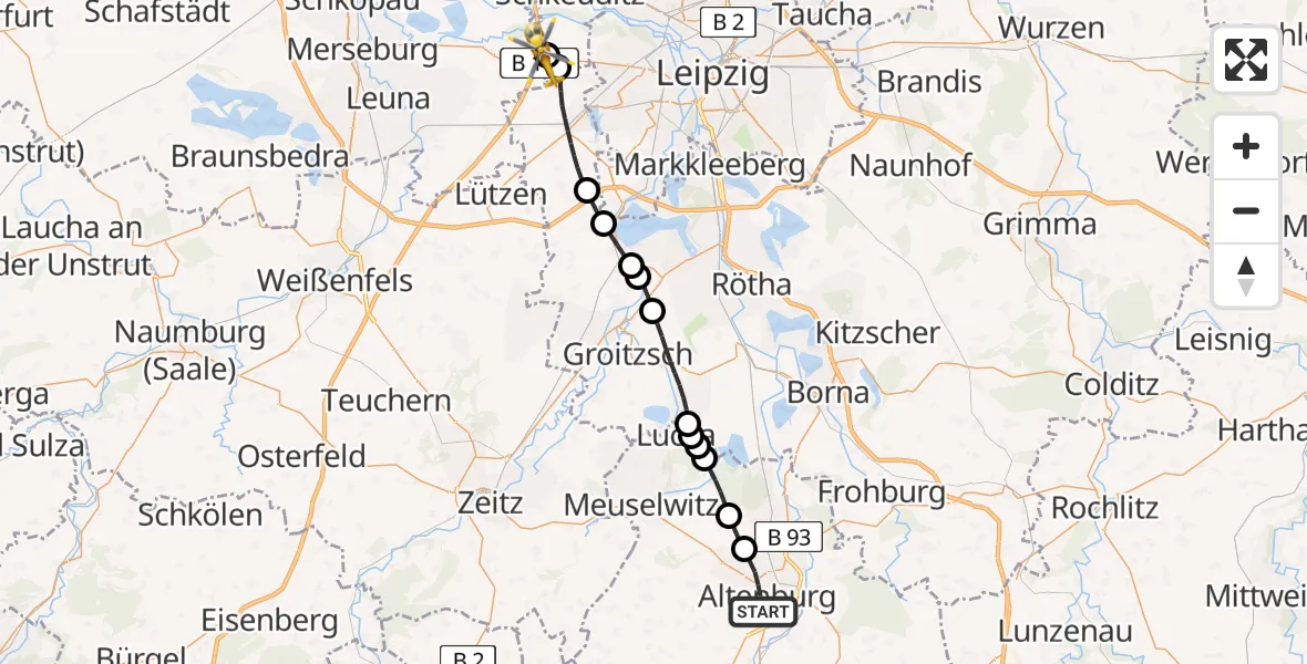 Flugroute Rettungshubschrauber Altenburg - ADAC Air Rescue Station Leipzig/Schkeuditz-Dölzig Hubschrauberlandeplatz (Christoph 61), 14 Mai 2026, 08:39