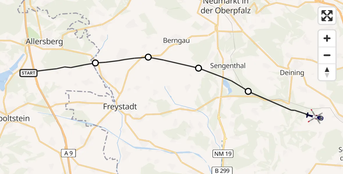 Flugroute Polizeihubschrauber Allersberg - Deining, 14 Mai 2026, 08:43