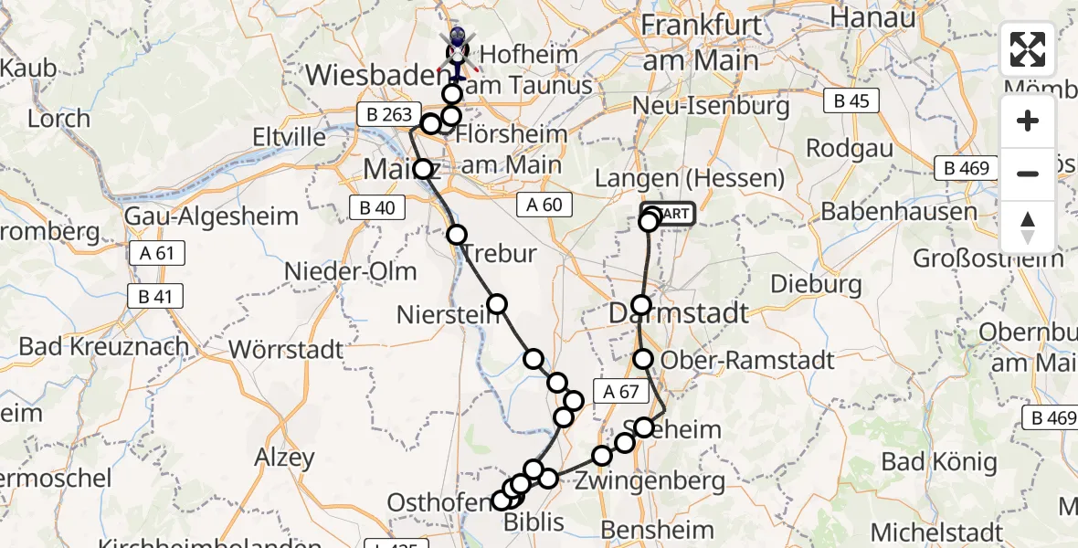 Flugroute Polizeihubschrauber Flughafen Frankfurt-Egelsbach - Autobahn Police Wiesbaden Hubschrauberlandeplatz, 14 Mai 2026, 08:44