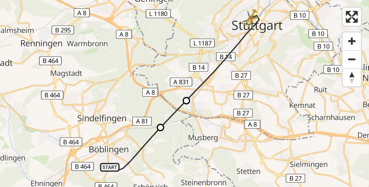 Flugroute Rettungshubschrauber Böblingen - Stuttgart, 14 Mai 2026, 09:01