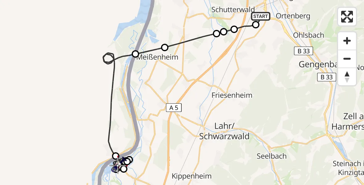 Flugroute Polizeihubschrauber Offenburg-Baden Flugplatz - Rheinau, 14 Mai 2026, 09:05