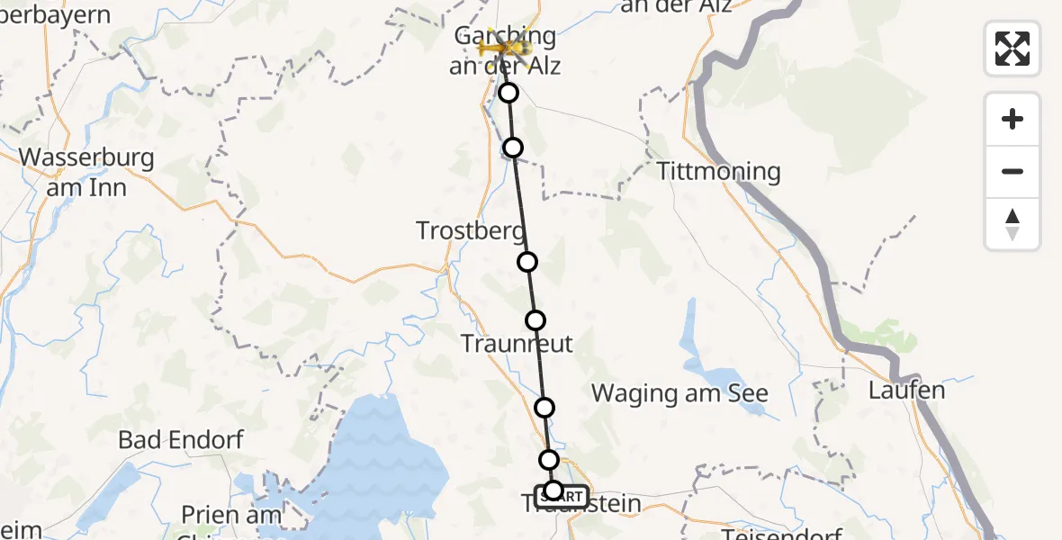 Flugroute Rettungshubschrauber Traunstein Hospital - Garching a.d.Alz, 14 Mai 2026, 09:05