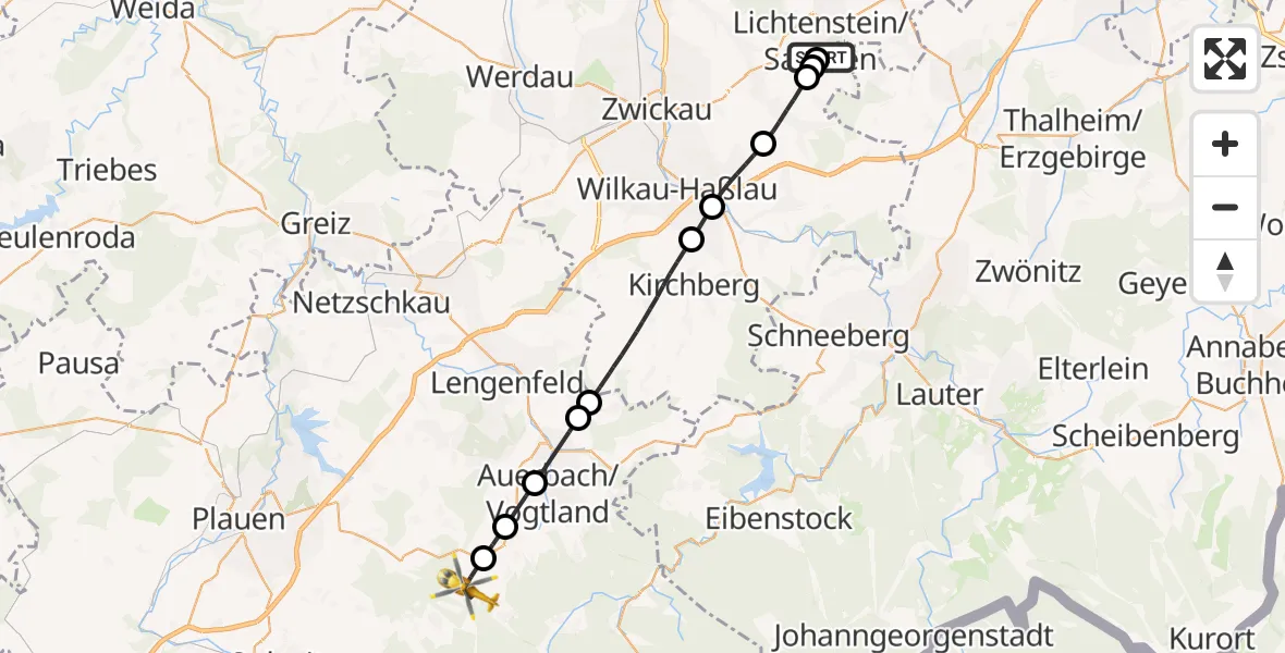 Flugroute Rettungshubschrauber DRK Hospital Lichtenstein - Neustadt/Vogtl., 14 Mai 2026, 09:07