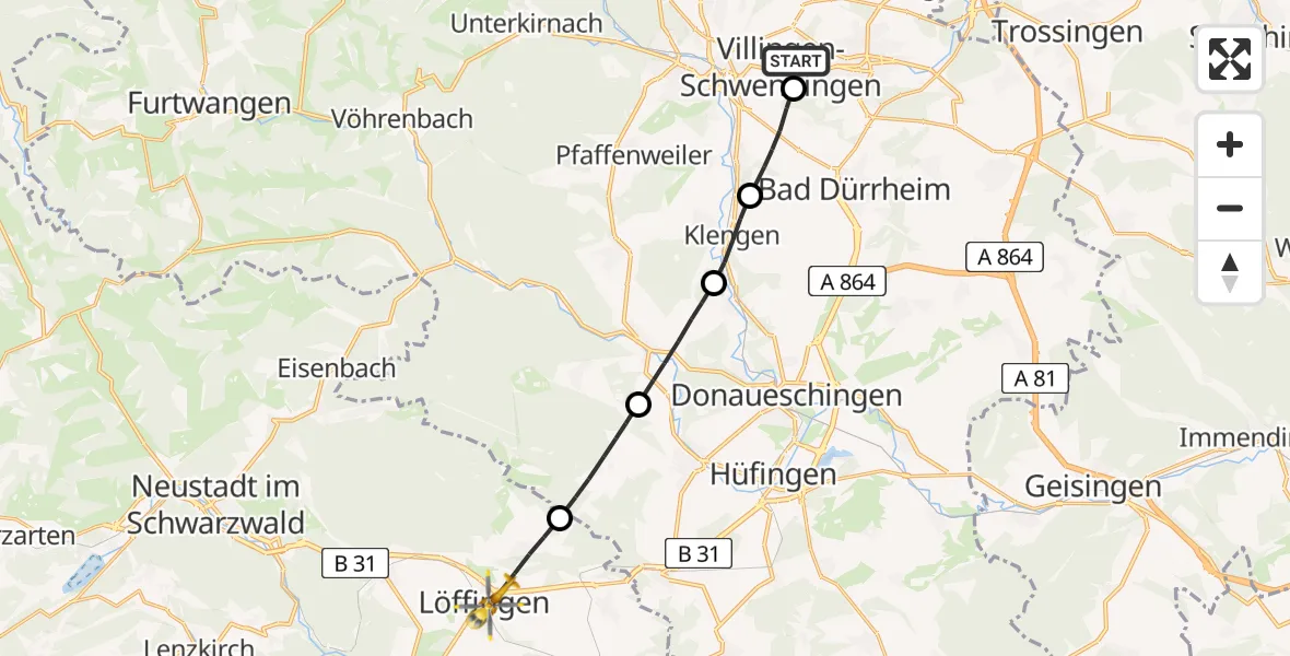 Flugroute Rettungshubschrauber DRF Air Rescue Station Villingen-Schwenningen Hubschrauberlandeplatz (Christoph 11) - Löffingen, 14 Mai 2026, 09:10