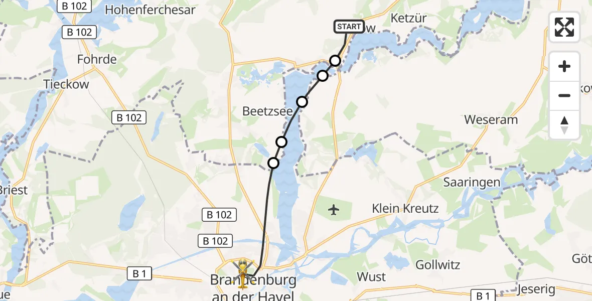 Flugroute Rettungshubschrauber Beetzseeheide - Brandenburg an der Havel, 14 Mai 2026, 09:16