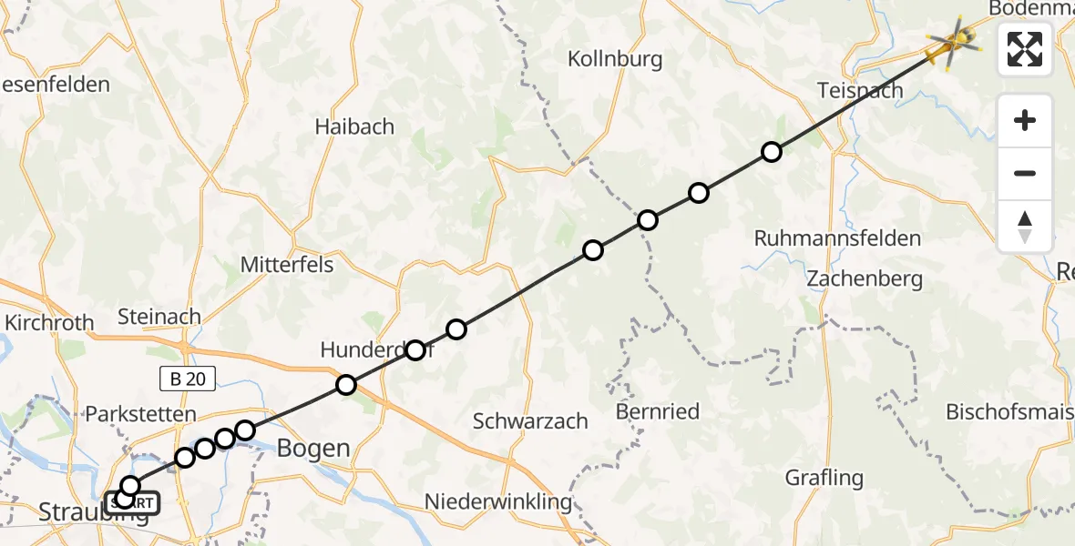 Flugroute Rettungshubschrauber Sankt Elisabeth Hospital Straubing - Böbrach, 14 Mai 2026, 09:17