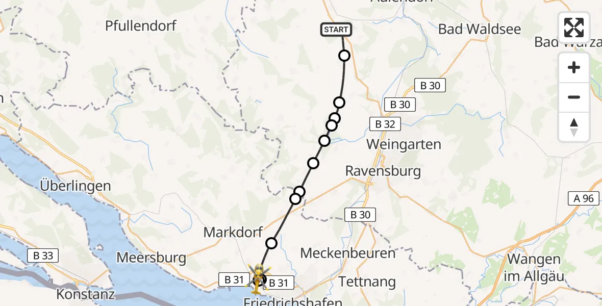 Flugroute Rettungshubschrauber Altshausen - Friedrichshafen Hospital, 14 Mai 2026, 09:18
