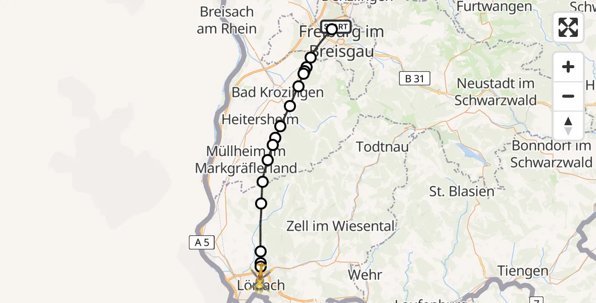 Flugroute Rettungshubschrauber Freiburg im Breisgau Flugplatz - Lörrach, 14 Mai 2026, 09:26