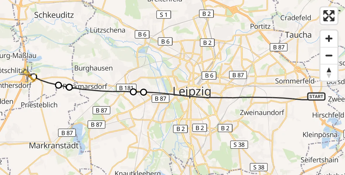 Flugroute Rettungshubschrauber Leipzig - ADAC Air Rescue Station Leipzig/Schkeuditz-Dölzig Hubschrauberlandeplatz (Christoph 61), 14 Mai 2026, 09:26