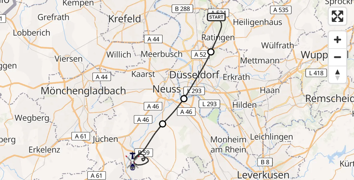 Flugroute Polizeihubschrauber Ratingen - Grevenbroich, 14 Mai 2026, 09:31