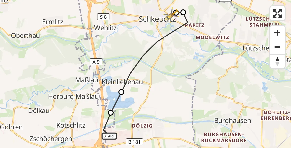 Flugroute Rettungshubschrauber ADAC Air Rescue Station Leipzig/Schkeuditz-Dölzig Hubschrauberlandeplatz (Christoph 61) - Helios Clinic Schkeuditz, 14 Mai 2026, 09:39