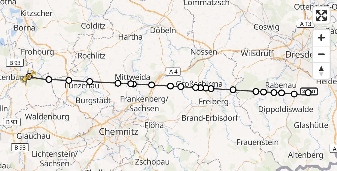 Flugroute Rettungshubschrauber Bavaria Hospital Kreischa - Leipzig–Altenburg Flughafen, 14 Mai 2026, 09:42