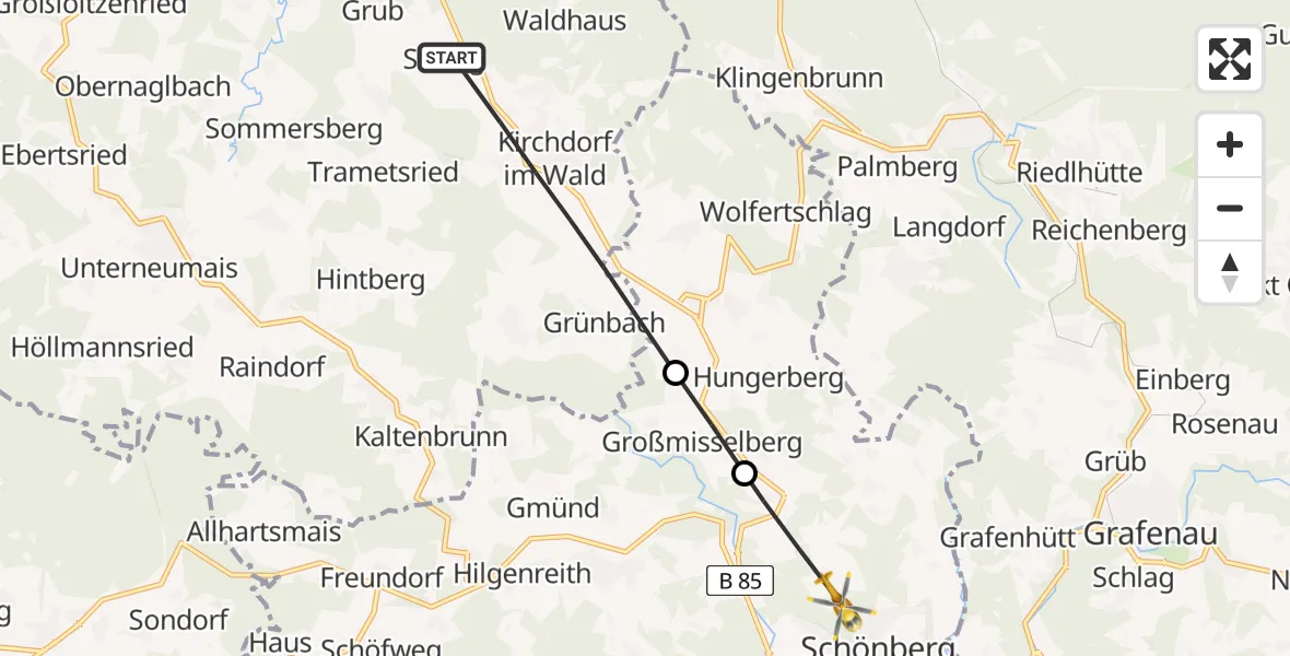 Flugroute Rettungshubschrauber Kirchdorf i.Wald - Schönberg, 14 Mai 2026, 09:46