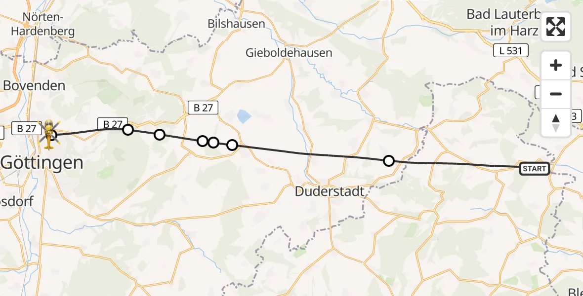 Flugroute Rettungshubschrauber Sonnenstein - Göttingen University Clinic Hubschrauberlandeplatz, 14 Mai 2026, 09:51