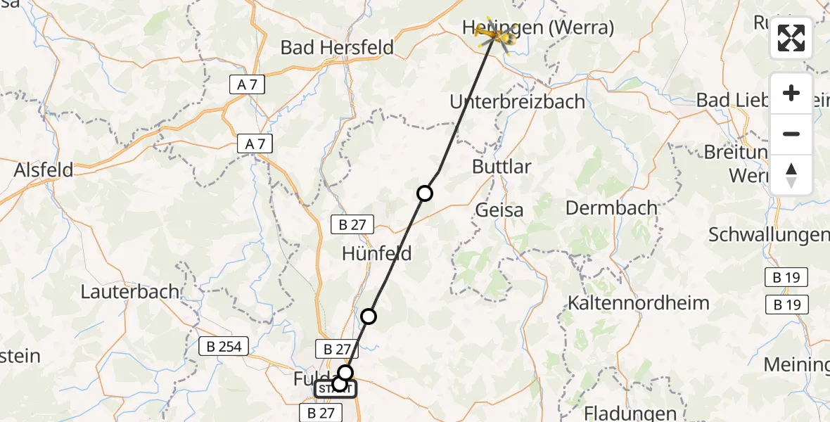 Flugroute Rettungshubschrauber Fulda Hospital - Heringen (Werra), 14 Mai 2026, 09:52