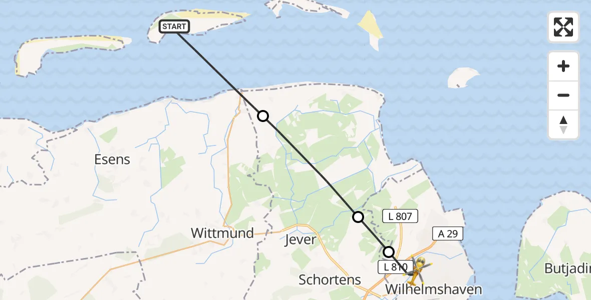 Flugroute Rettungshubschrauber Noordzee - Wilhelmshaven, 14 Mai 2026, 09:55
