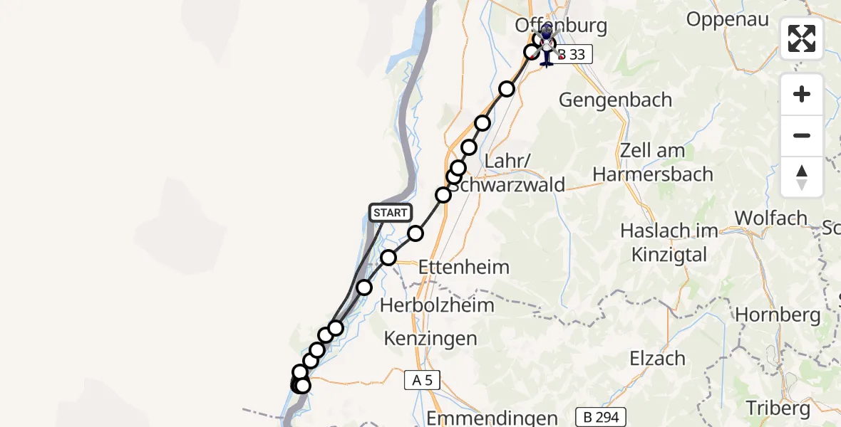 Flugroute Polizeihubschrauber Rheinau - Offenburg-Baden Flugplatz, 14 Mai 2026, 10:01
